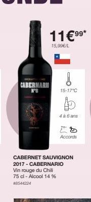 CABERNARIO N'S  11€⁹⁹*  15,99€/L  !  15-17°C  4 à 6 ans  Accords  CABERNET SAUVIGNON 2017-CABERNARIO Vin rouge du Chili 75 cl - Alcool 14 % #8544224 