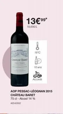 chateau baret  13€9⁹*  18,65€/l  1  18°c  aop pessac-léognan 2015 château baret 75 cl - alcool 14 %  #8542902  10 ans  od accords 