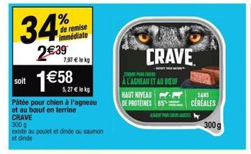 soit  34%  2€39  de remise immédiate  7,97 € le kg  1 €58  5,27 € le kg  Pâtée pour chien à l'agneau et au bœuf en terrine  CRAVE  300 g  existe au poulet et dinde ou saumon et dinde  HAUT NIVEAU  DE 