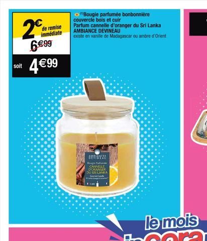 20  de remise immédiate  6€99  soit 4€99  "Bougie parfumée bonbonnière couvercle bois et cuir  Parfum cannelle d'oranger du Sri Lanka AMBIANCE DEVINEAU existe en vanille de Madagascar ou ambre d'Orien