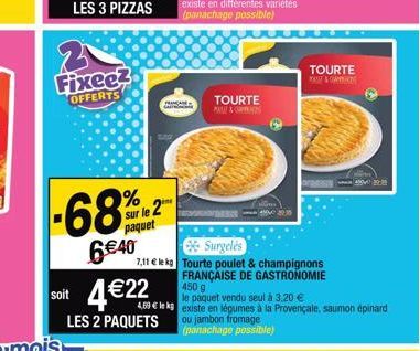 3  Fixee?  OFFERTS  -68  % sur le 2 paquet  6€40  soit 4€22  LES 2 PAQUETS  ne  FRANÇA Sapk  Surgelés  7,11 € le kg Tourte poulet & champignons FRANÇAISE DE GASTRONOMIE  TOURTE  MAT  450 g  le paquet 