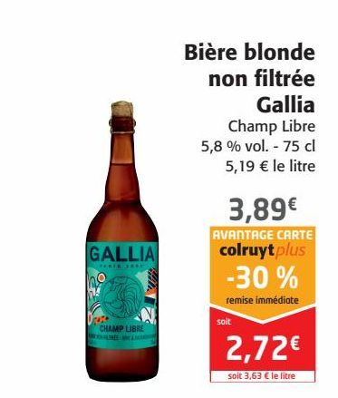 Bière blonde non filtrée Gallia 