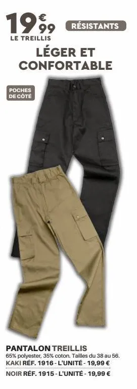 1999 résistants  le treillis  léger et confortable  poches de côté  pantalon treillis  65% polyester, 35% coton. tailles du 38 au 56. kaki réf. 1916-l'unité - 19,99 € noir réf. 1915-l'unité - 19,99 € 