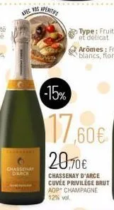 chassenay d'arce  avec vos aperitifs  type: fruité  et délicat  -15%  17,60€  20,70€  chassenay d'arce cuvée privilège brut aop champagne 12% vol. 