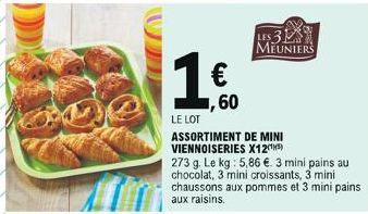 60  1€  LE LOT  ASSORTIMENT DE MINI VIENNOISERIES X12(¹)  LES 31 MEUNIERS  273 g. Le kg: 5,86 €. 3 mini pains au chocolat, 3 mini croissants, 3 mini chaussons aux pommes et 3 mini pains aux raisins. 