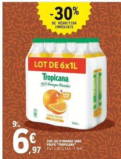9%%  lot de 6x1l tropicana.  100% oranges pressées  @o!!  6€  -30% 20 kazan  de réduction immédiate  sans pulpe  sans  sucres  pur jus d'orange sans pulpe "tropicana"  97 6x1l (6l). le l-1,16€  6x1le 
