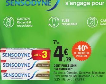 2  SENSODYNE  SENSODYNE  CARTON Recyclé & recyclable  SENSODYNE  SENSODYNE  SENSODYNE Lot de  TERVE  7,⁹9  -34€  Soin Complet  TUBE recyclable  Sein Complet DENTIFRICE SOIN "SENSODYNE"  -40%  DE RÉDUC