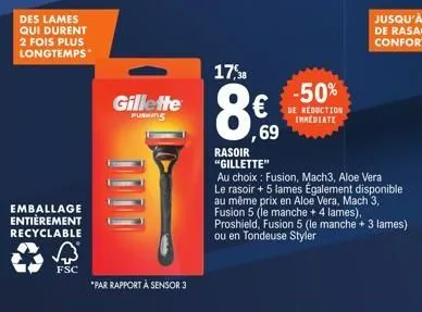 des lames qui durent 2 fois plus longtemps  emballage entièrement recyclable  fsc  gillette  fusins  *par rapport à sensor 3  17,38  8€  ,69  -50%  de reduction immediate  rasoir "gillette"  au choix: