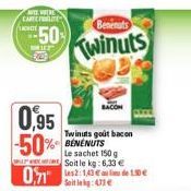 TE WEREN CARTE FLITE  50  172  0,95 -50%- BACON  Benenuts  Twinuts  Twinuts goût bacon BENENUTS  Le sachet 150 g Soit le kg: 6,33 €  0,71 2:13€ de 150€ 