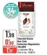 sumit  coppicfreure  -34%  ceed  villars  noir  1,99  0,68 noir cafe  chocolat suisse  collection dégustation villars  1,31 la tablette 100 g  soit le kg: 19,90 € 