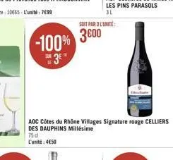 -100%  soit par 3 l'unite:  3600  aoc côtes du rhône villages signature rouge celliers des dauphins millésime  75 cl  l'unité: 4€50 