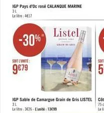 -30%  igp pays d'oc rosé calanque marine 3l  le litre: 4€17  soit lunite :-9€79  listel  *****  listel 