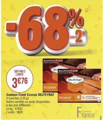 soit par 2 l'unité:  3€76  saumon fumé  écosse  saumon fumé ecosse delpeyrat  4 tranches (120 g)  autres variétés ou poids disponibles à des prix différents  le kg: 47€42 l'unité: 5€69  del saumon fum