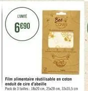 lunite  6€90  film alimentaire réutilisable en coton enduit de cire d'abeille  pack de 3 tailles: 18:20 cm, 25x28 cm, 33x35.5 cm  bee cover 