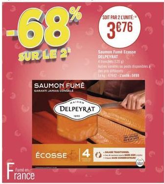 France  SAUMON FUMÉ  GARANTI JAMAIS CONGELE  -68%  SUR LE 2¹  ÉCOSSE  MAISON  DELPEYRAT  1890  4  SOIT PAR 2 L'UNITÉ:  3€76  Saumon Fumé Ecosse DELPEYRAT  4 tranches (120)  Autres varieties au poids d