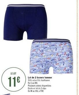 LE LOT  11€  Lot de 2 boxers homme 95% coton 5% elasthanne Du S au XXI  Plusieurs coloris disponibles Existen lot de 2 slips Du Mau XXL à 11€ 