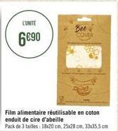 LUNITE  6€⁹0  Film alimentaire réutilisable en coton enduit de cire d'abeille  Pack de 3 tailles: 18x20 cm, 25x28 cm, 33x35,5 cm  Bee COVER 