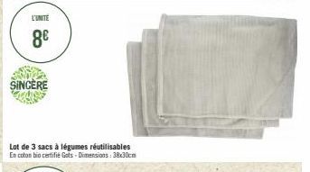 L'UNITÉ  8€  SINCERE  Lot de 3 sacs à légumes réutilisables En coton bio certifié Gots - Dimensions: 38x30cm 