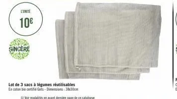 l'unité  10€  sincere  lot de 3 sacs à légumes réutilisables  en coton bio certifié gots-dimensions: 38x30cm 