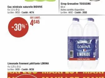 eau minérale naturelle biovive 6x1,5l (94)  le litre: 0€53-l'unité: 474  soit l'unité:  4645 -30%  limonade finement pétillante lorina  4x1.25 l (5l)  le litre: 0€89 - l'unité : 6€36  sirop grenadine 