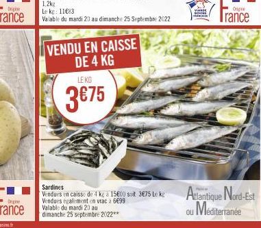 Origine  Origine  Le kg: 11€83  Valable du mardi 20 au dimanche 25 Septembre 2022  VENDU EN CAISSE DE 4 KG  LE KG  3€75  Sardines  Vendues en caisse de 4 kg a 15€00 soit 3€75 Le ke Vendues également e