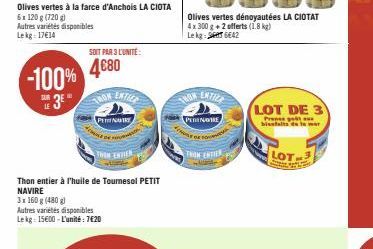 Olives vertes à la farce d'Anchois LA CIOTA 6x 120 g (720 g)  Autres variétés disponibles Lekg 17€14  -100%  3⁰  SUR LE  SOIT PAR 3 L'UNITÉ:  4€80  3x160 g (480g)  Autres variétés disponibles Lekg 156