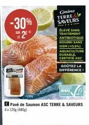 -30%  le 2e  el pavé de saumon asc terre & saveurs  casino terre&! saveurs  ..  élevé sans traitement antibiotique nourri sans ogm (0,9%) aquaculture durable. certifie asc  s  goûtez la difference! 