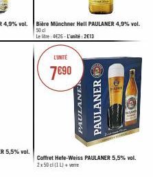 L'UNITE  7€90  PAULANER  PAULANER  re  Ⓒ  esine  Coffret Hefe-Weiss PAULANER 5,5% vol. 2x 50 cl (1 L)+ verre 