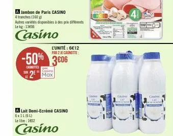 a jambon de paris casino  4 tranches (160 g)  autres variétés disponibles à des prix différents le kg: 13€05  casino  l'unité : 6€12 par 2 je cagnotte:  -50% 3c06  caunettes  cosino  2 max  a lait dem