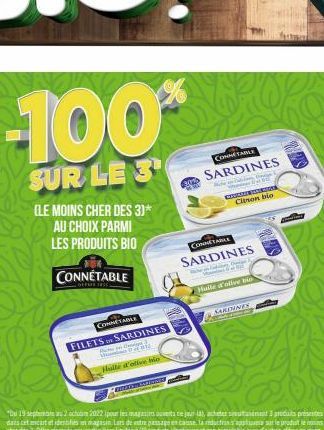 CONNETABLE  FILETS SARDINES  De  Hiile d'olive bio  GEORMAN GRE  CONNETABLE  SARDINES  CONNETABLE  SARDINES  Huile d'olive bio  CONSOMMABOMS Citson bio  SARDINES  Oppe  C 