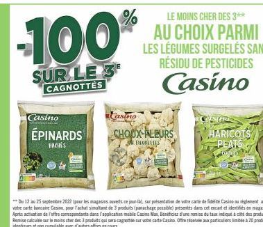 Casino  ÉPINARDS  HACHES  -100%  SUR LE 3  CAGNOTTES  Casino  CHOUX FLEURS  ENCORETTES  LE MOINS CHER DES 3**  AU CHOIX PARMI LES LÉGUMES SURGELÉS SANS RÉSIDU DE PESTICIDES  Casino  sthe  HARICOTS PLA