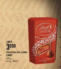 L'UNITE:  3€50  Chocolat lait Lindor LINDT  200 g Lekg: 26625  Lindl LINDOR  UNS 