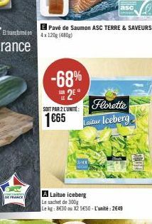 DE FRANCE  Etatome en 4x 120g (480g)  El Pavé de Saumon ASC TERRE & SAVEURS  -68%  2⁰  SOIT PAR 2 L'UNITÉ:  1€65  3/41  Florette Laitue Iceberg  Laitue iceberg  Le sachet de 300g  Le kg: 8€30 ou X2 55