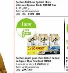 sachets fraicheur spécial chats stérilisés saumon dinde purina one  4x 85 g (340 g)  autres variétés disponibles le kg: 7691-l'unité: 2669  1 offert  l'unite  6038  viros  m do  2+1offert  sachets rep