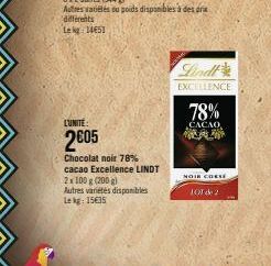 L'UNITÉ:  2005  2x 100 g (200 g)  Autres variétés disponibles Lekg: 15€35  Chocolat noir 78% cacao Excellence LINDT  EXCELLENCE  78%  CACAO  NOIR CORSE  101 de 2 