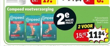 Compeed  TRAITER  Compeed voetverzorging  Compeed  BUSPLAT  cettant  Compee  e  HALVE  PRIJS  Prijsvoorbeeld: 2x Blarenpleister Small 7 stuks  2 VOOR  1578 1184 