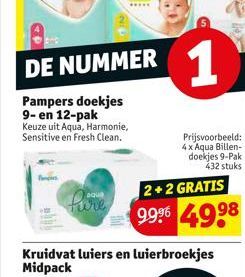 ture  Kruidvat luiers en luierbroekjes Midpack  Prijsvoorbeeld: 4x Aqua Billen-doekjes 9-Pak 432 stuks  2+2 GRATIS  99⁹ 4998 