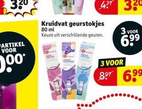 CARTIKEL  Kruidvat geurstokjes 80 ml  Keuze uit verschillende geuren.  3 VOOR  6⁹⁹  3 VOOR  8.⁹7 6⁹⁹ 