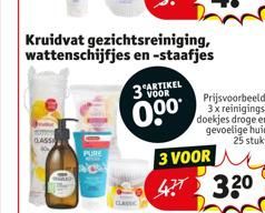 DASSA  PURE  Kruidvat gezichtsreiniging, wattenschijfjes en -staafjes  ARTIKEL  3 VOOR  0⁰⁰*  3 VOOR  42 320  Prijsvoorbeeld: 3x reinigings-doekjes droge en gevoelige huid 25 stuks 