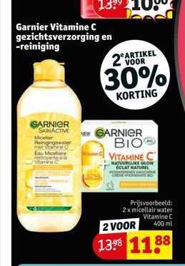 GARNIER SKINACTIVE Micelar Reinigingswater met Vitamine C Eau Mcelaire rettoyante à la Vitamine C  Garnier Vitamine C gezichtsverzorging en -reiniging  2 VOOR  30%  KORTING  NEW GARNIER BIO  ARTIKEL  