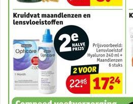 Mo  Opticare  Opticore  Kruidvat maandlenzen en lensvloeistoffen  e  29  HALVE PRIJS  Prijsvoorbeeld: Lensvloeistof Hyaluron 240 ml + Maandlenzen 6 stuks  2 VOOR  22.⁹8 1724 