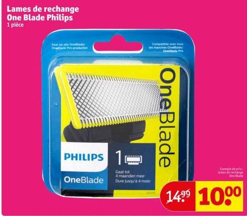 Lames de rechange One Blade Philips 1 pièce  Past o OneBlade Create Pro producten  PHILIPS 1  OneBlade  Gaat tot 4 maanden mee Dure jusqu'à 4 mois  Compatible avec tous les manches OneBlade  OneBlade 