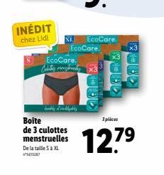 INÉDIT chez Lidl  EcoCare.  Calibey menjanelay  De la taille S à XL 1537  Boite de 3 culottes menstruelles  Ni. EcoCare.  EcoCare.  +36  ISSARIAL  PODD  3 pièces  127⁹ 