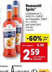 Romanti  Spritz  Beit  Romanetti Spritz"  60405  soit l'unité 4,54 € 15% Vol.  -60%  La bouteille de 1L: 6,49 € (1L-6,49 €) Les 2 bouteilles: 9,08 € (1L-4,54 €)  LES PRODUIT 6.49  2.59  LE-PRODUIT ● I