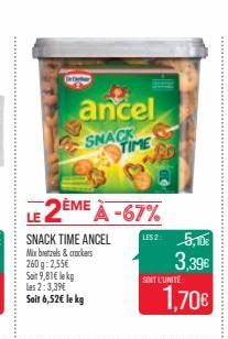 ancel SNACIME  2ÈME A-67%  LE  SNACK TIME ANCEL  Mix bretzels & crackers 260g: 2,55€ Soit 9,81€ lekg les 2:3,39€ Sait 6,52€ le kg  LES 2  SOIT L'UNITÉ  1.70€ 