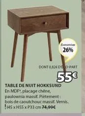 econone  26%  table de nuit hokksund en mdf, placage chêne, paulownia massif. piètement: bois de caoutchouc massif. vernis. 145 xh55 x p33 cm 74,99€  dont 0,82 deo-part  55€ 