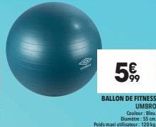 5€  BALLON DE FITNESS  UMBRO  Couleur: Bleu  Diamètre: 55 cm.  Poids maxi utilisateur: 120 kg 