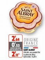 SAINT ALBRAY  Gourmand & Cremese  2.64 ORIGINE  0.53 FRANCE  CREDITS  Pynis Artis DISAINT-ALBRAY 33% MG. produit fin Seit le kilo: 11,20 €  2.11 
