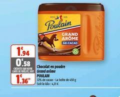 1.94  0.58  CREDIES SURE CAREER  1.36"  Poulain  Chocolat en poudre Grand arome  POULAIN  12% de cacao-La boite de 450g Soit le 41€  GRAND AROME  33: CACAO 