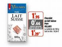 VILLARS  PURE  LAIT SUISSE  100g  1.95  0.66 Pre  CARTE DE UT  1.29"  Chocolat au lait Suisse  VILLARS  La tablette de 100 Soit le : 19,50 